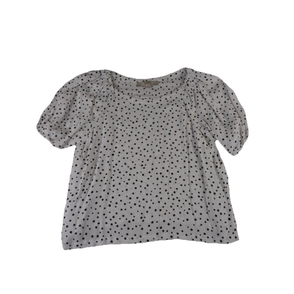 LOFT Blouse Top Womens S Petite White Black Polka Dot Puff Sleeve Round Neck